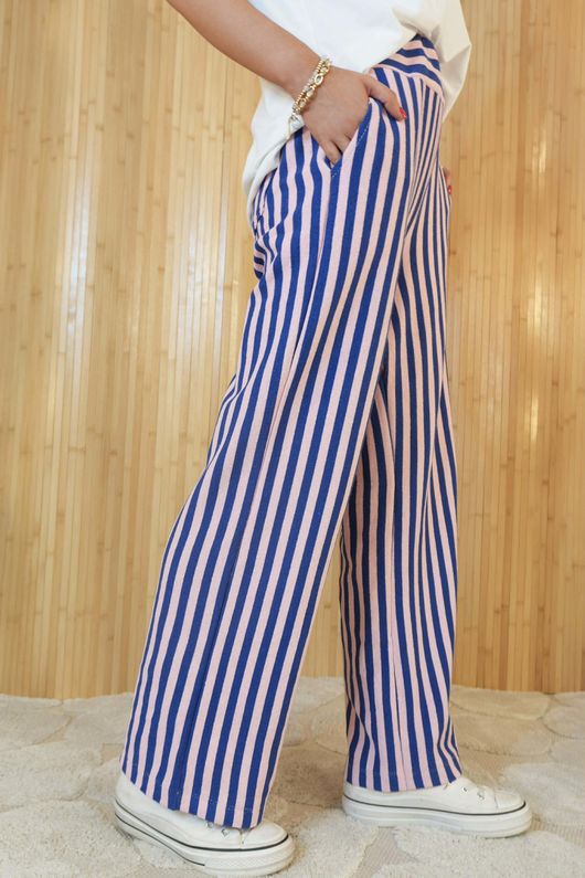Shoreditch Stripe Lounge Flare Trouser Navy & Sweetpea /14=